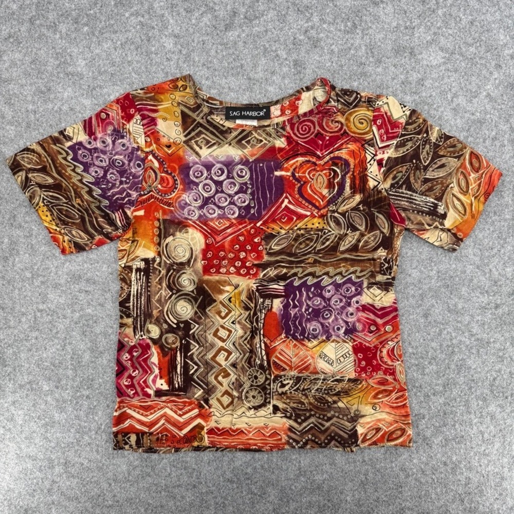 Vintage Sag Harbor Top Womens M Multicolor Abstract Patchwork Short Sleeve EUC